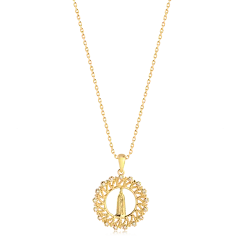 Pingente Nsa Sra Fátima Com Pedras de Zircônia Folheado a Ouro 18k