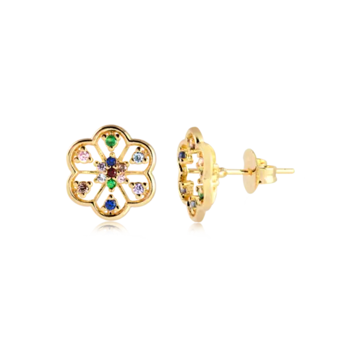 Brinco Flor Zircônias Coloridas Folheado a Ouro 18k