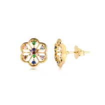 Brinco Flor Zircônias Coloridas Folheado a Ouro 18k