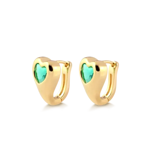 Brinco Click Coração Pedra Verde Folheado a Ouro 18k