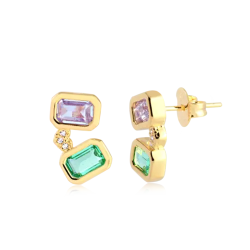 Brinco Pedras Retangulares Coloridas Detalhe Zircônia Folheado a Ouro 18k