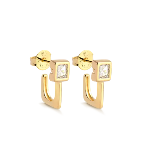 Brinco Estilo Gancho Ponto de Luz Quadrado Folheado a Ouro 18k