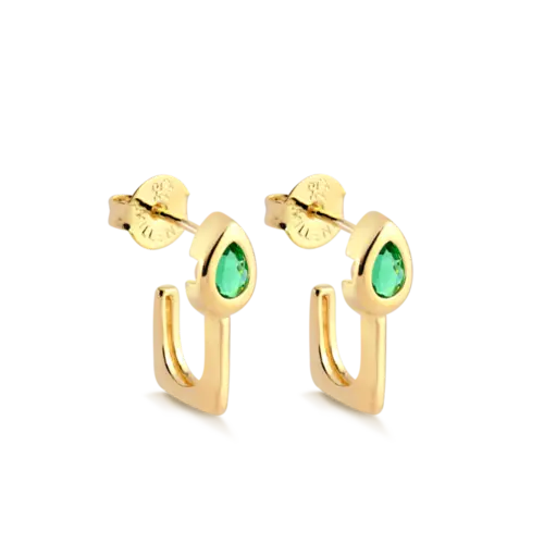 Brinco Estilo Gancho Gota Pedra Verde Folheado a Ouro 18k
