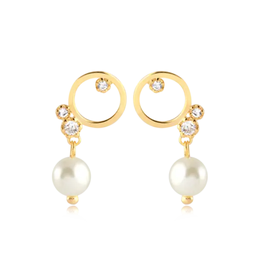 Brinco Círculo Zircônia Pérola Pendente Folheado a Ouro 18k