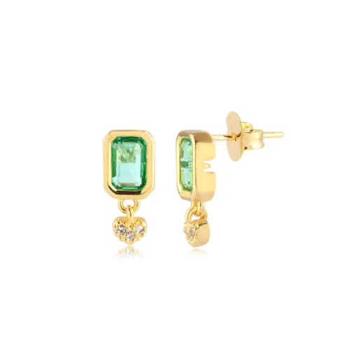 Brinco Pedra Retangular Coração Cravejado Folheado a Ouro 18k