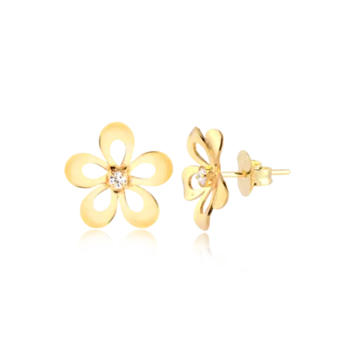 Brinco Flor Vazada Zircônia Folheado a Ouro 18k