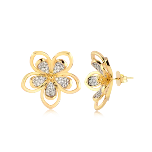 Brinco Flor Com Pedras de Zircônia Folheado a Ouro 18k
