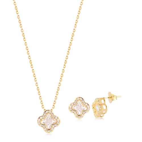 Conjunto Trevo Cravejado de Zircônia Folheado a Ouro 18k
