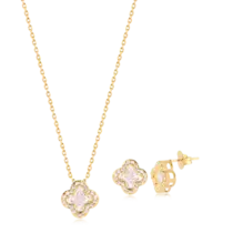 Conjunto Trevo Cravejado de Zircônia Folheado a Ouro 18k