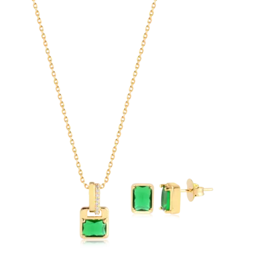 Conjunto Pedra Retangular 8x6mm Folheado a Ouro 18k