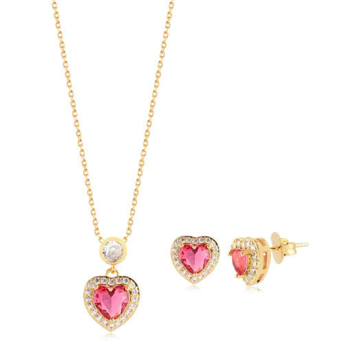 Conjunto Coração Zircônia Ponto de Luz Folheado a Ouro 18k