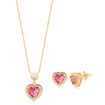 Conjunto Coração Zircônia Ponto de Luz Folheado a Ouro 18k