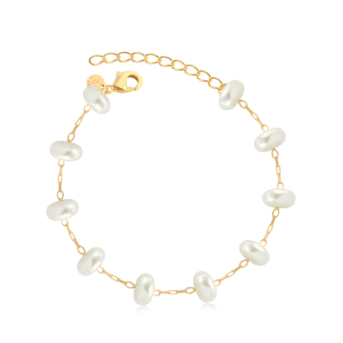 Pulseira Pérola Achatada Folheada a Ouro 18k