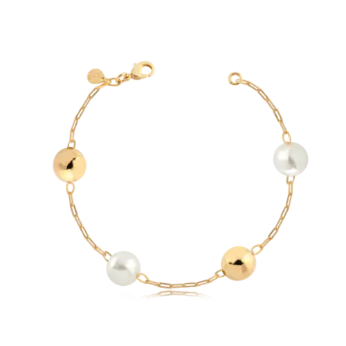 Pulseira Elos Cartier Pérolas e Bolas Folheada a Ouro 18K