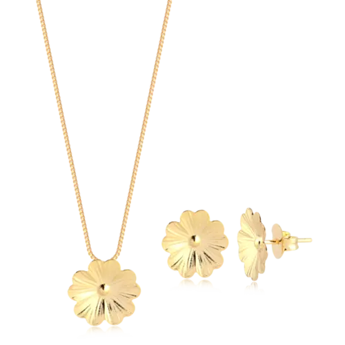 Conjunto Flor Lisa Folheado a Ouro 18k