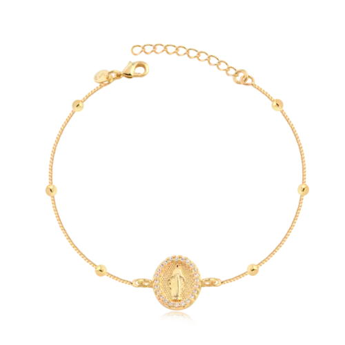 Pulseira Bolinha Nsa Sra Graças Zircônia Folheada a Ouro 18k