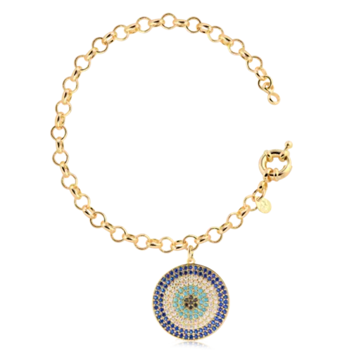 Pulseira Elo Português 5mm Olho Grego Folheado a Ouro 18k