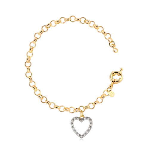 Pulseira Elo Português 4mm Coração Vazado Zircônia Folheado a Ouro 18k