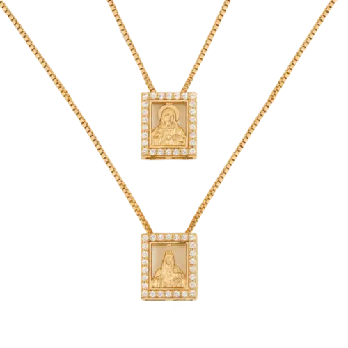 Escapulário Sag. Coração de Jesus N. Sra. Carmo Zircônia Folheado a Ouro 18k