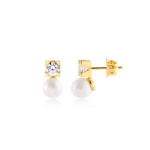 Brinco Perolado Zircônia Quadrada Folheado a Ouro 18k