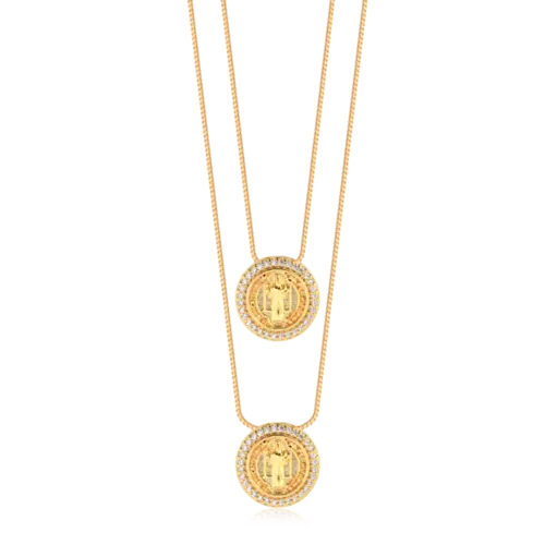 Escapulário Redondo São Bento Com Zircônia Folheado a Ouro 18k