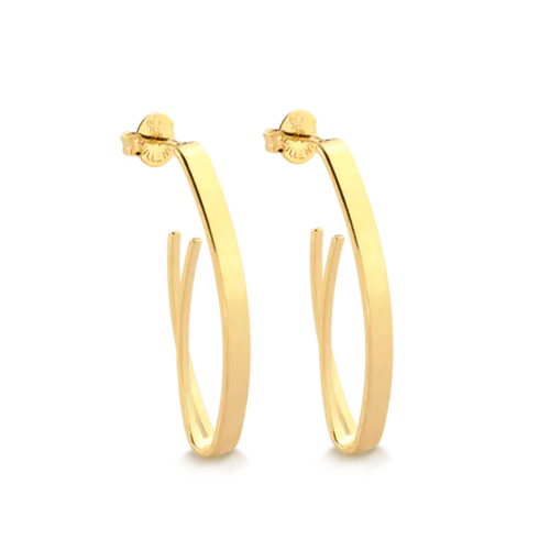 Brinco Liso Detalhe Fios 39x14mm Folheado a Ouro 18k