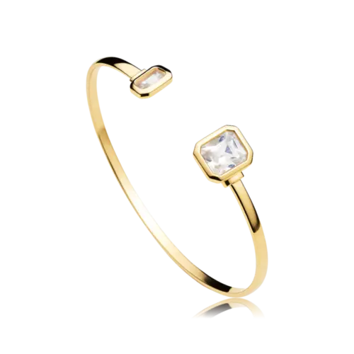 Bracelete Aberto Zircônia Retangular Dupla Folheado a Ouro 18k