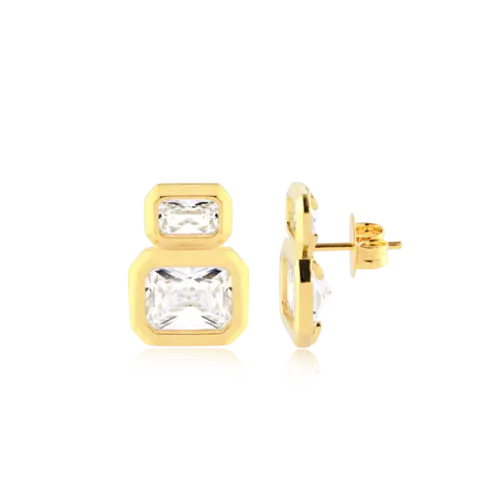 Brinco Zircônia Retangular Dupla Folheado a Ouro 18k