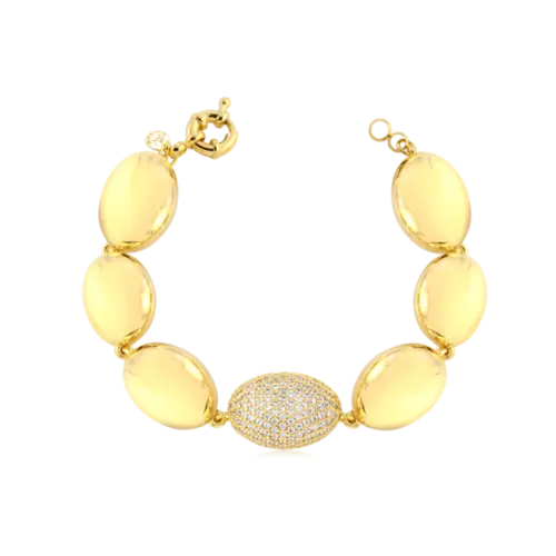 Pulseira Oval 16cm Cravejado e Liso Folheada a Ouro 18k