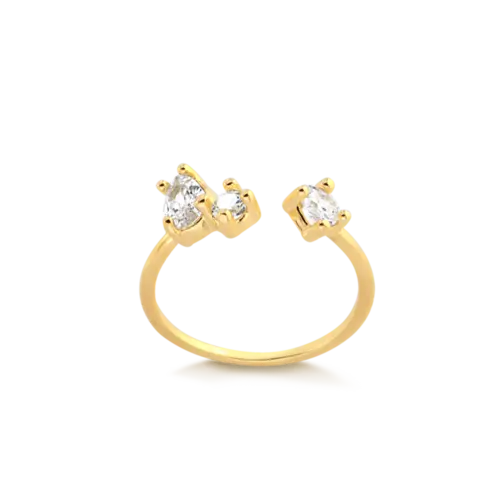 Anel Aberto Três Zircônias Folheado a Ouro 18k
