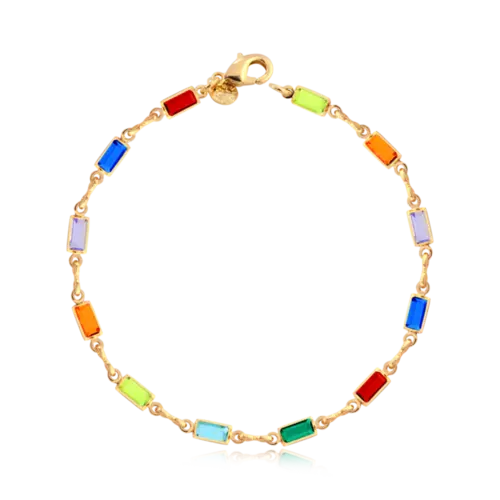 Pulseira Pedras Retangulares Coloridas Folheada a Ouro 18k