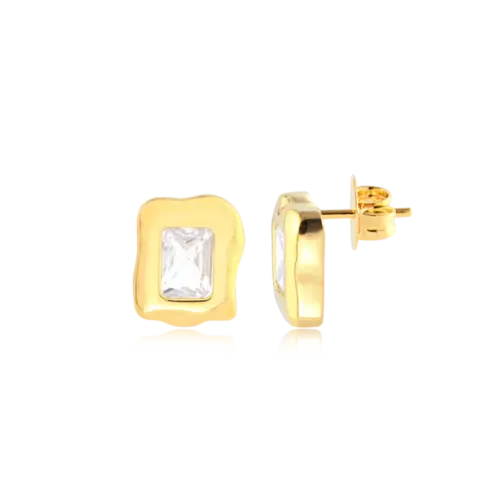 Brinco Orgânico Zircônia Retangular Folheado a Ouro 18k