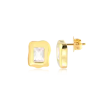 Brinco Orgânico Zircônia Retangular Folheado a Ouro 18k