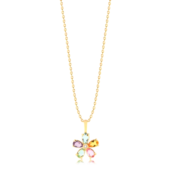 Gargantilha Flor Com Pedras Coloridas Folheada a Ouor 18K