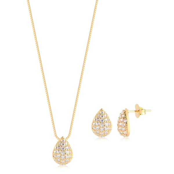 Conjunto Gota Cravejada Com Zircônia Folheado a Ouro 18K