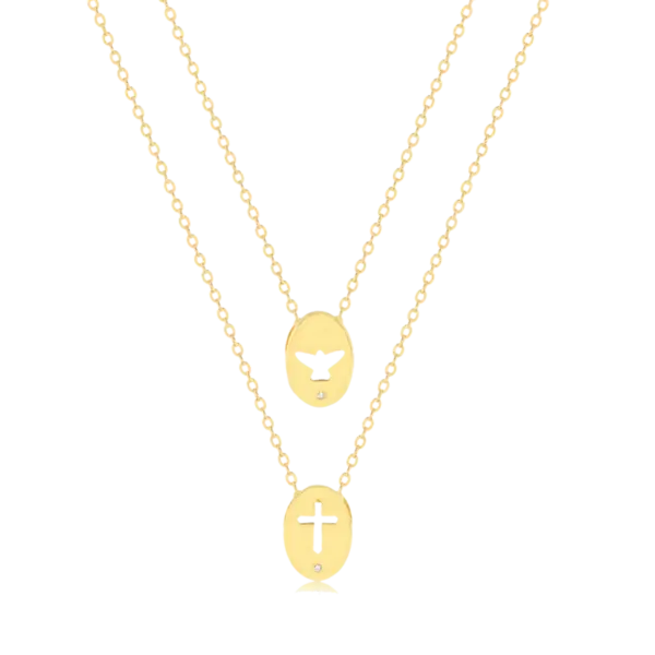 Escapulário Divino Espírito Santo e Cruz Liso Folheado a Ouro 18K