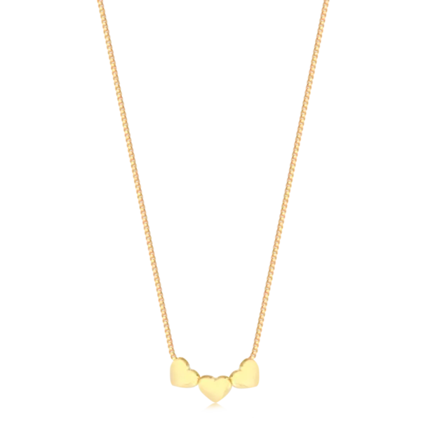 Gargantilha 3 Coraçoes Lisos Folheada a Ouro 18k