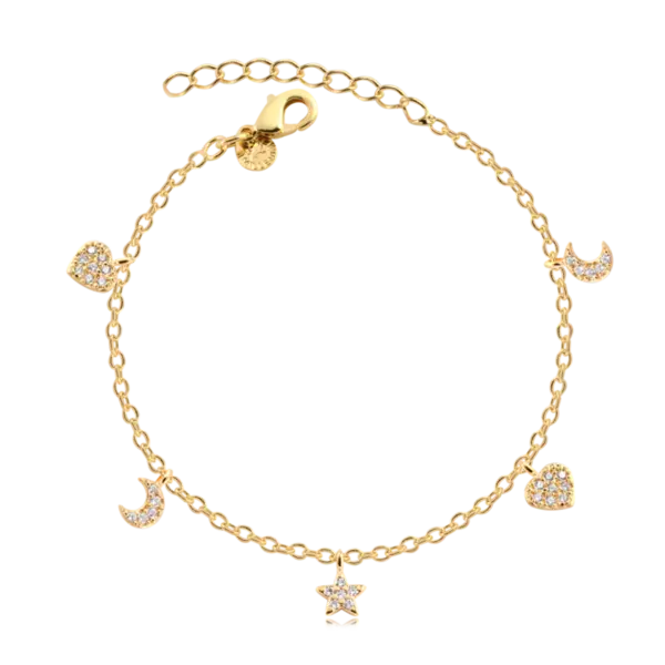 Pulseira Lua Estrela Coração Com Zircônia Folheada a Ouro 18k