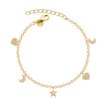 Pulseira Lua Estrela Coração Com Zircônia Folheada a Ouro 18k