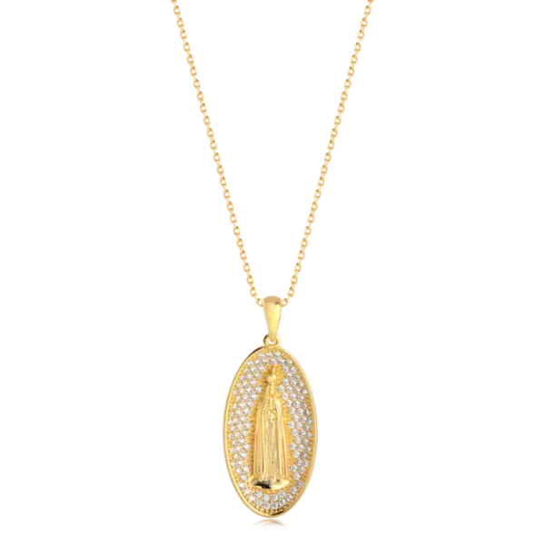 Pingente Nsa Sra de Fátima Com Pedras de Zircônia Folheada a Ouro 18k