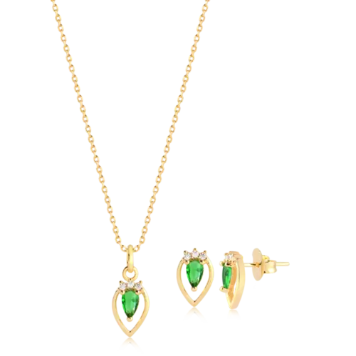 Conjunto Gota Verde Com Zircônia Folheado a Ouro 18k