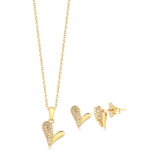 Conjunto Coração Lado Cravejado Folheado a Ouro 18k