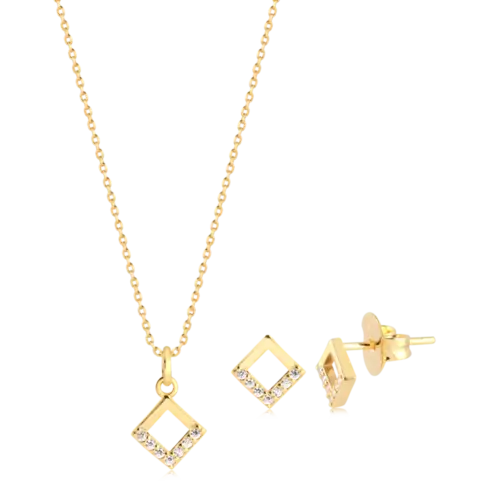 Conjunto Quadrado Vazado Cravejado Folheado a Ouro 18k