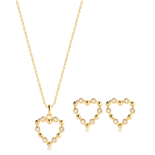Conjunto Coração Com Zircônia Folheado a Ouro 18k
