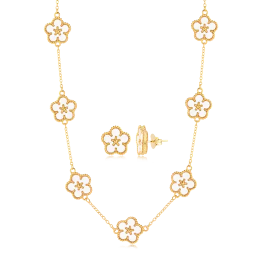 Conjunto Flor Madrepérola Folheado a Ouro 18k