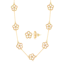 Conjunto Flor Madrepérola Folheado a Ouro 18k