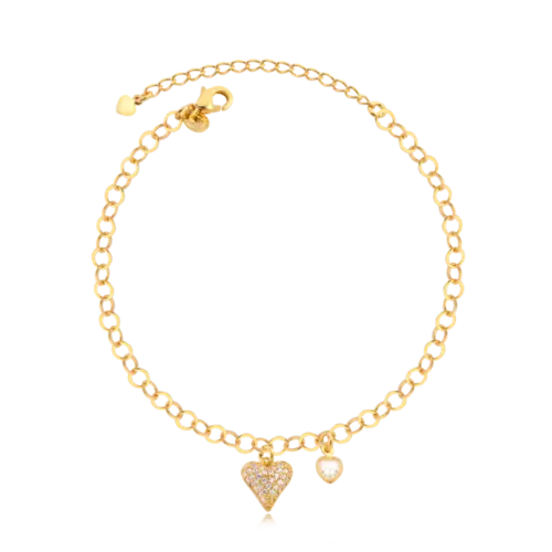 Pulseira Coração Cravejado e Ponto de Luz Folheado a Ouro 18k