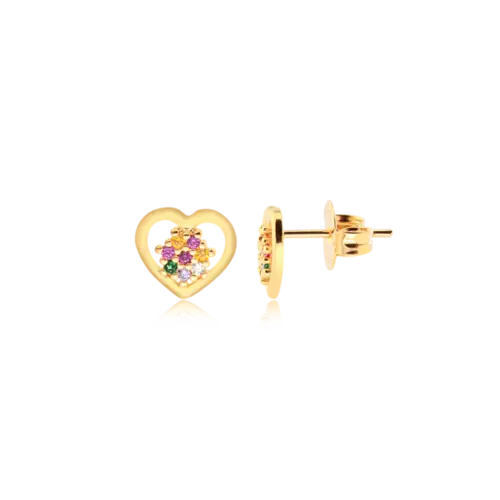 Brinco Coração Flor Colorida Folheada a Ouro 18k