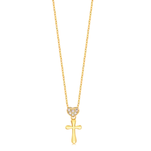 Gargantilha Crucifixo Com Coração Cravejado Folheado a Ouro 18k