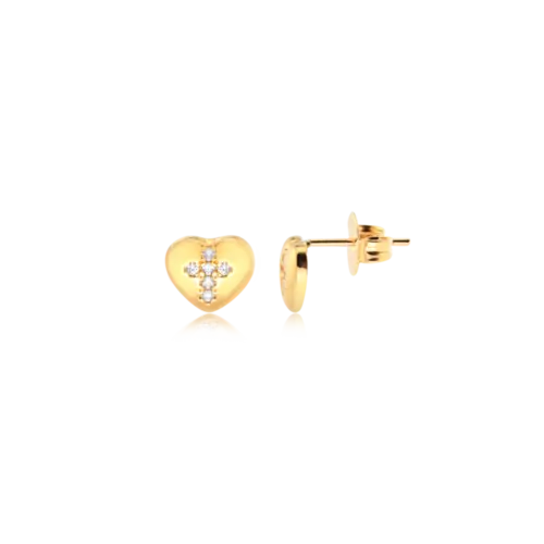 Brinco Coração Cruz Folheado a Ouro 18k